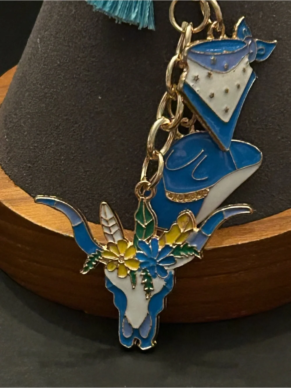 Mint Blue Floral Longhorn Western Design Bag Charm Keychain Key & Card Holder